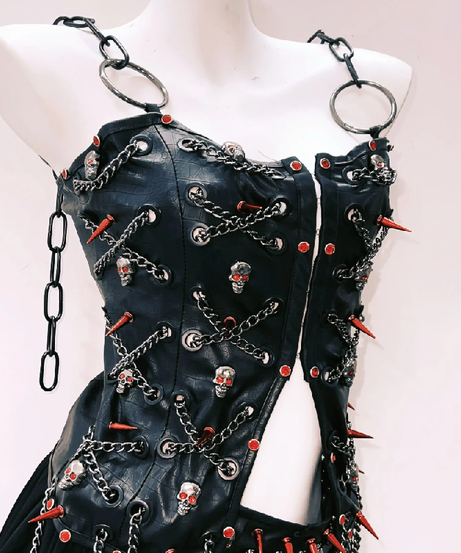 Gothic Punk Spiked Skull Chain Corset & Mini Skirt Set - Unleash Your Halloween & Festival Spirit