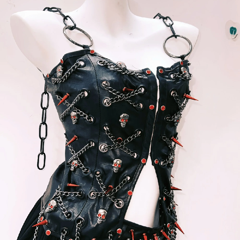 Gothic Punk Spiked Skull Chain Corset & Mini Skirt Set - Unleash Your Halloween & Festival Spirit