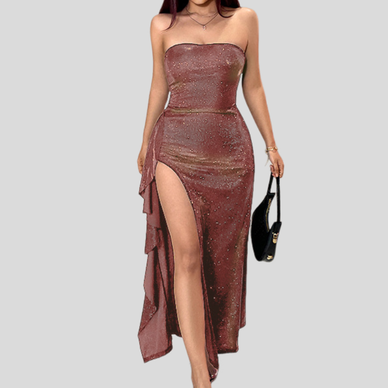 Dazzling Black Sparkle Strapless Maxi Dress with High Slit & Ruffles | Holiday & NYE Glamour