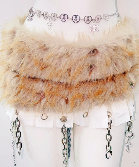 Untamed Spirit: Fierce Faux Fur & Spiked Halter Mini Set - Halloween Rave & Festival Outfit