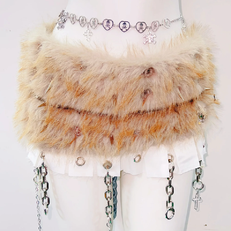 Untamed Spirit: Fierce Faux Fur & Spiked Halter Mini Set - Halloween Rave & Festival Outfit