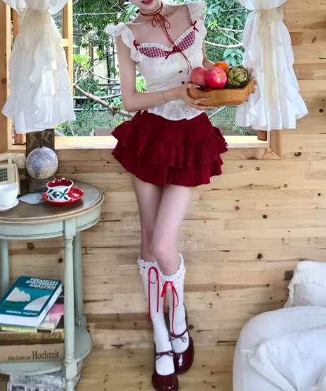 Cap sleeve plaid lace hem bowknot mini skirt set