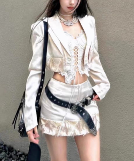 Chic Fall Nights: Luxe Satin Fringe 3-Piece Skirt Set | Cropped Blazer, Bustier & Mini Skirt