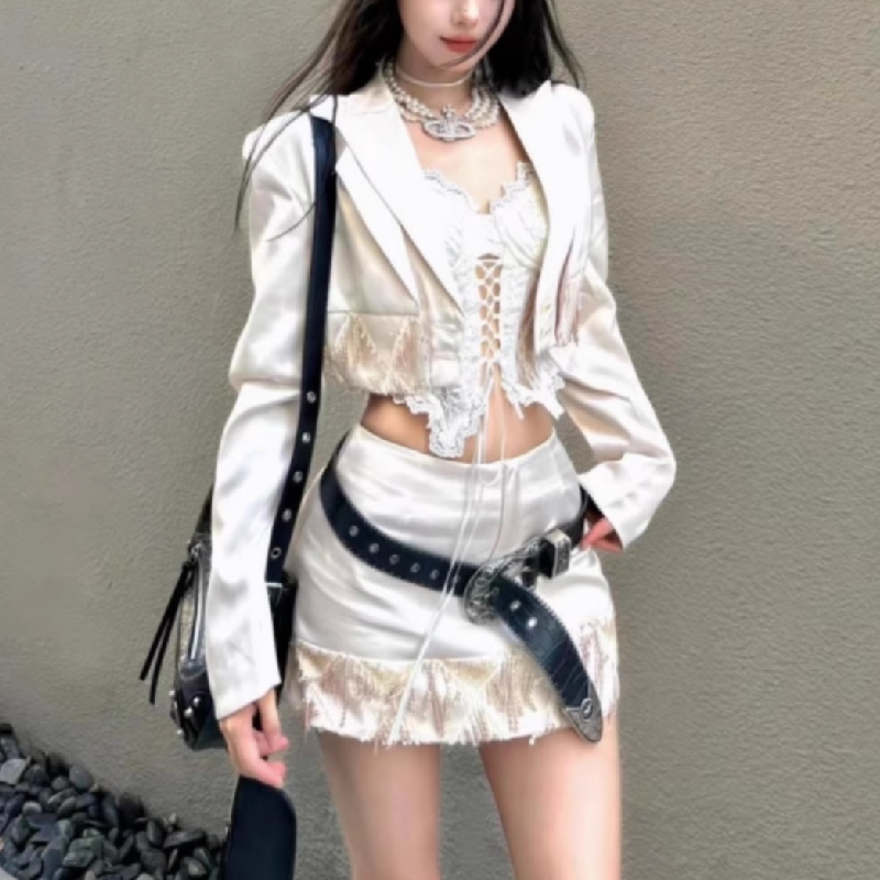 Chic Fall Nights: Luxe Satin Fringe 3-Piece Skirt Set | Cropped Blazer, Bustier & Mini Skirt
