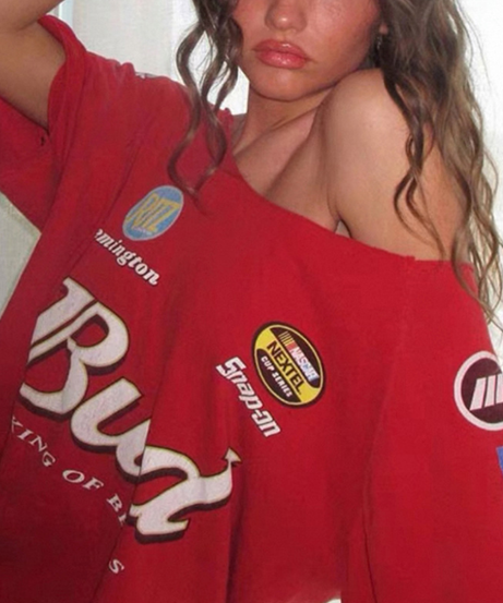 Score Big this Fall: Retro Budweiser Racing Off-Shoulder Tee | Game Day, Halloween & Cozy Vibes!