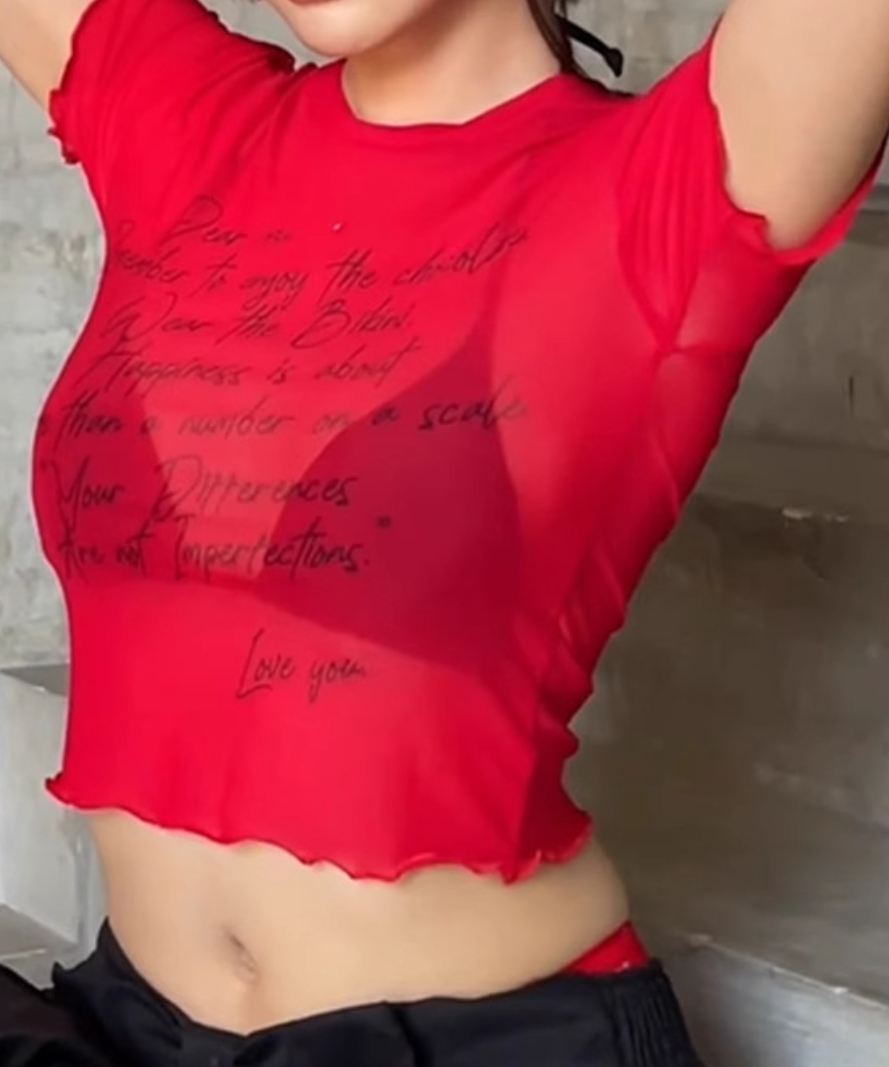 Empower Her: Self-Love Club Red Mesh Crop Top - Trendy Sheer Tee with Body Positive Message