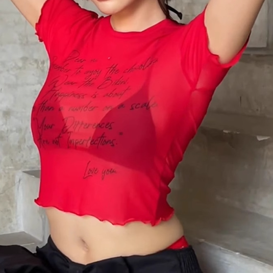 Empower Her: Self-Love Club Red Mesh Crop Top - Trendy Sheer Tee with Body Positive Message