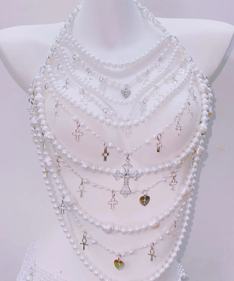 Dazzling Pearl & Rhinestone Mesh Body Chain Halter Top & Mini Skirt Set - Your Ultimate Holiday Glam & NYE Statement