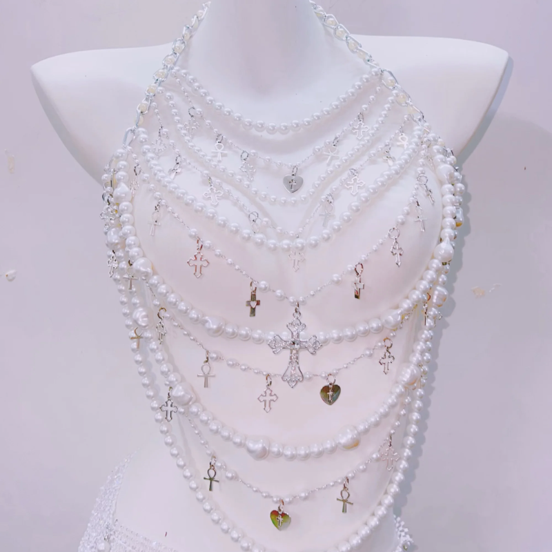 Dazzling Pearl & Rhinestone Mesh Body Chain Halter Top & Mini Skirt Set - Your Ultimate Holiday Glam & NYE Statement