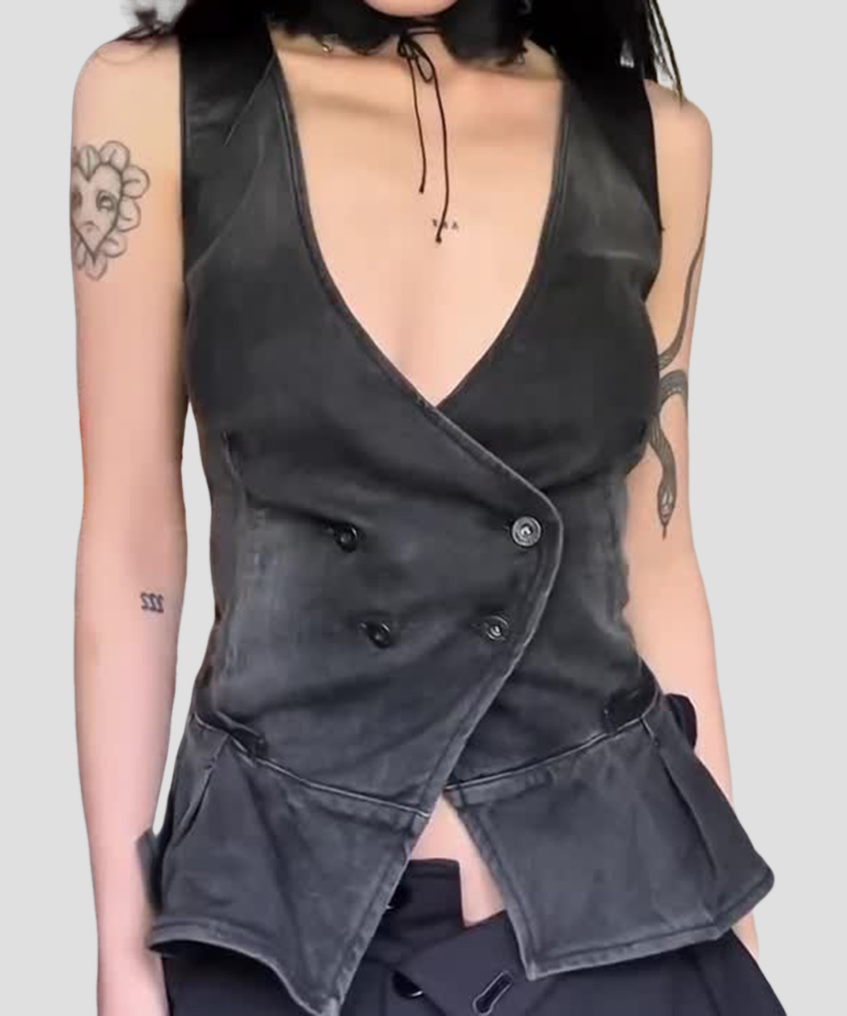 Edgy Chic Washed Black Peplum Vest Top - Deep V Denim-Look Double-Breasted for Fall Styling
