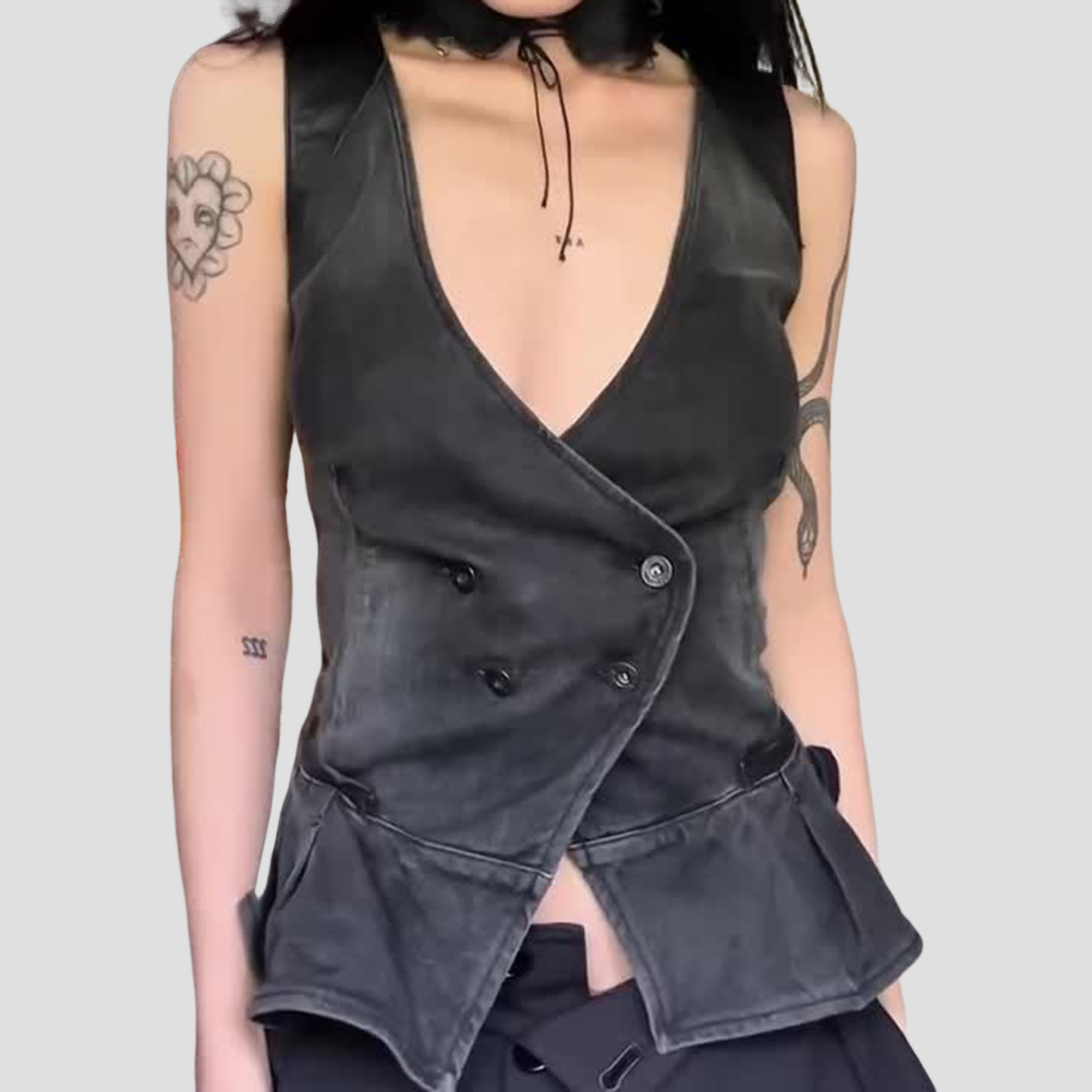 Edgy Chic Washed Black Peplum Vest Top - Deep V Denim-Look Double-Breasted for Fall Styling