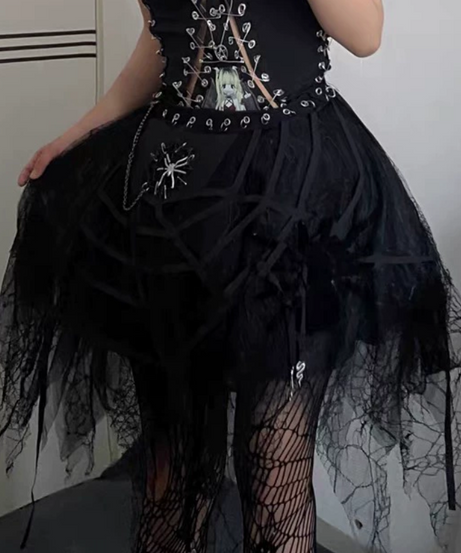 Rebel Spirit Anime Print Safety Pin Bodysuit - Edgy Goth Chain Cami for Fall & Halloween