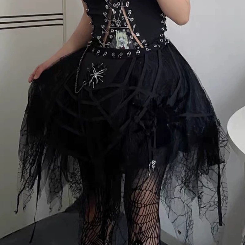 Rebel Spirit Anime Print Safety Pin Bodysuit - Edgy Goth Chain Cami for Fall & Halloween