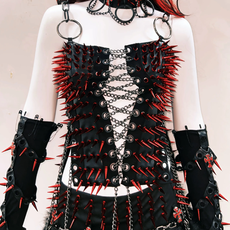 Fierce Red Spiked & Chained Gothic Corset Top - Halloween & Festival Statement