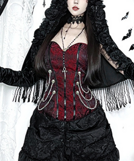 Halloween Enchantress: Gothic Sweetheart Corset Top with Metal Chains - Red & Black Dark Romance