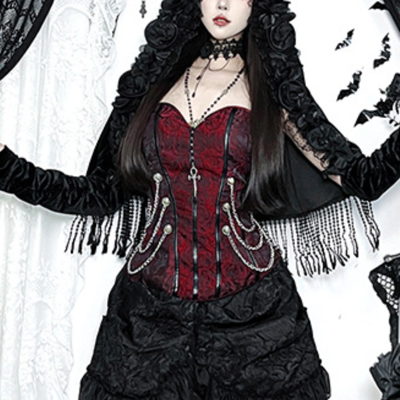 Halloween Enchantress: Gothic Sweetheart Corset Top with Metal Chains - Red & Black Dark Romance