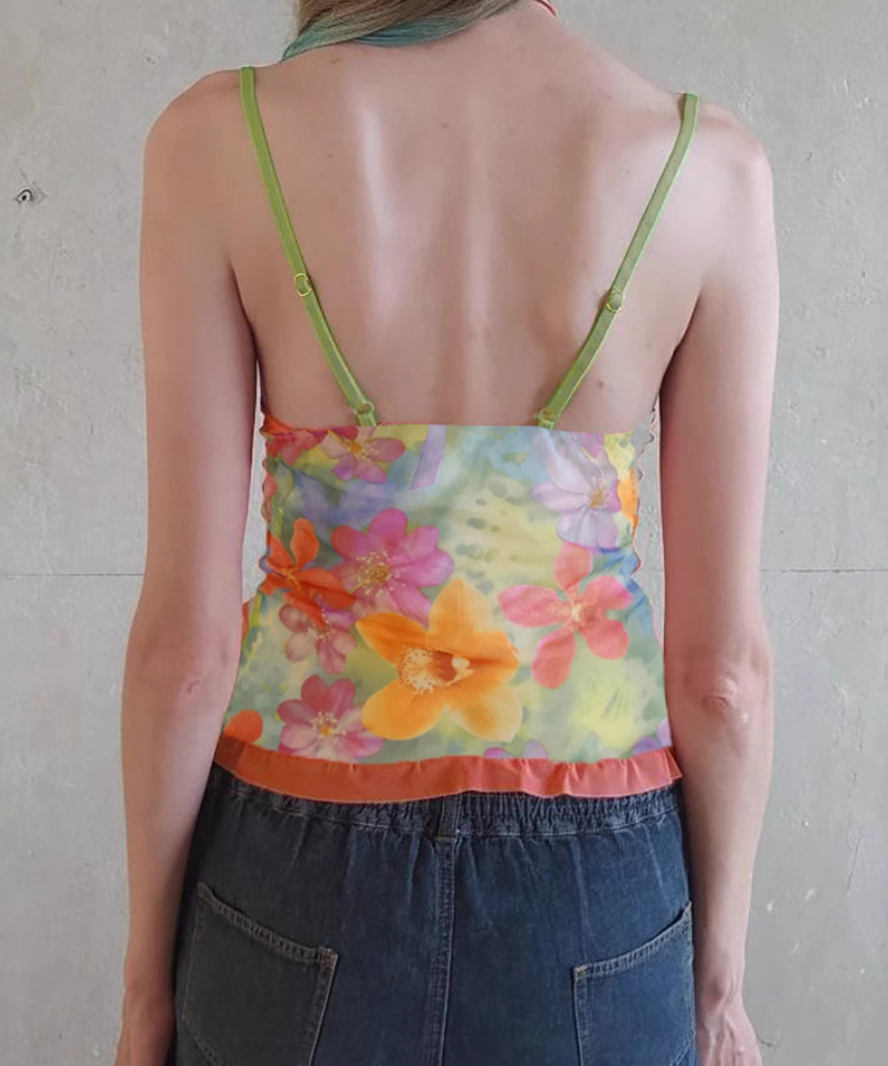 Whimsical Floral Mesh Cami Top | Y2K Bowknot V-Neck Tank for Chic Fall Layering