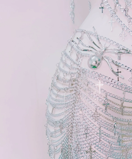 "Divine Rebel" Silver Chain & Cross Halter Mini Dress - Ultimate Halloween & Rave Glam