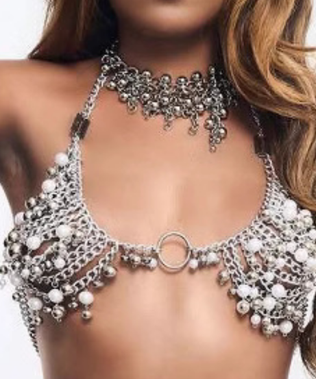 Dazzling Pearl & Silver Chain Halter Top - O-Ring Statement for Festivals & Holiday Parties