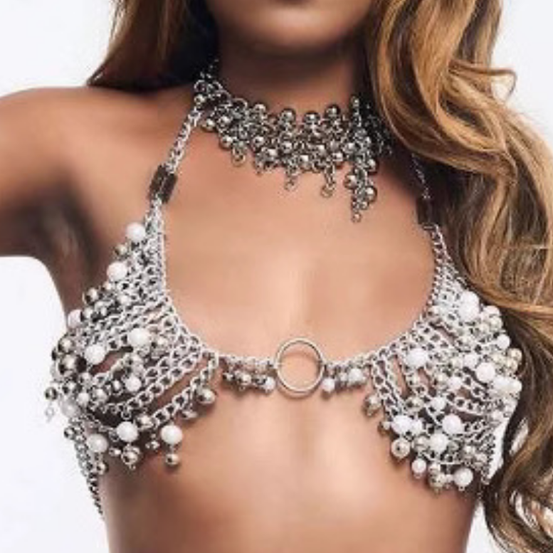 Dazzling Pearl & Silver Chain Halter Top - O-Ring Statement for Festivals & Holiday Parties