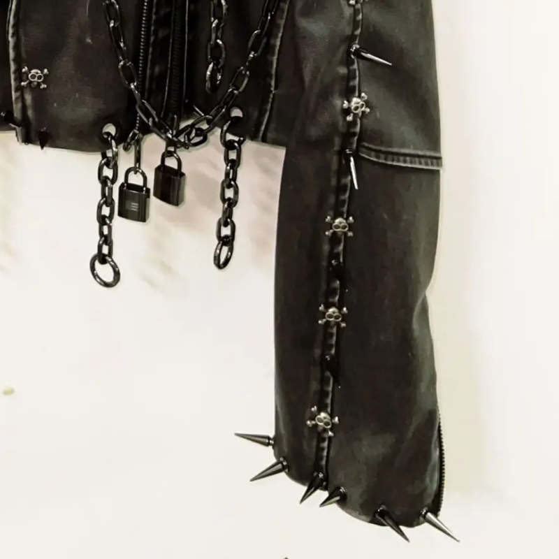 Unleash Your Inner Rebel: Spiked & Chained Skull Faux Leather Jacket - Your Ultimate Fall & Halloween Statement