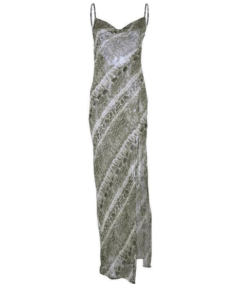 Serpentine Allure: Cowl Neck Snake Print Maxi Slip Dress with High Slit – Your Fall '25 Glam Statement