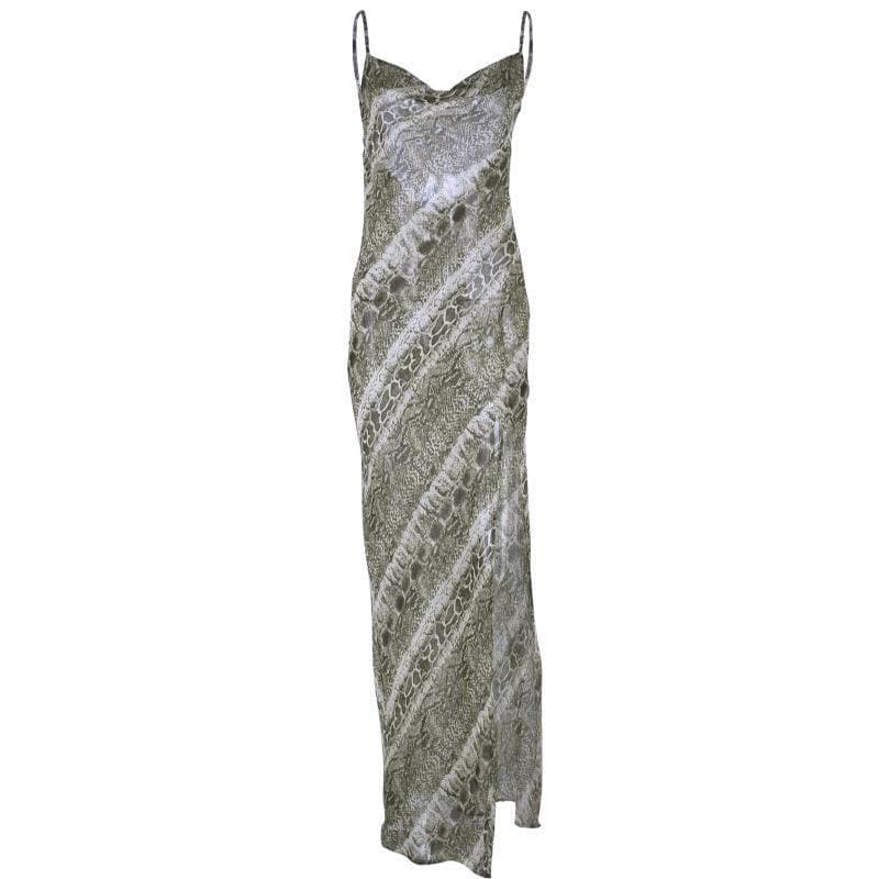 Serpentine Allure: Cowl Neck Snake Print Maxi Slip Dress with High Slit – Your Fall '25 Glam Statement