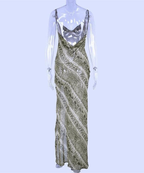Serpentine Allure: Cowl Neck Snake Print Maxi Slip Dress with High Slit – Your Fall '25 Glam Statement