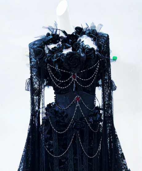 Enchanted Black Lace Maxi Dress | Gothic Corset Gown for Halloween & Fall Galas