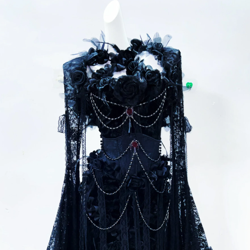 Enchanted Black Lace Maxi Dress | Gothic Corset Gown for Halloween & Fall Galas