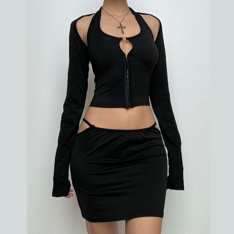 Dark Romance Halter Long Sleeve & Cutout Mini Skirt Set - Your Edgy Fall Night Out Look