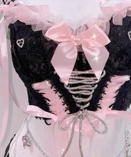 Black & Pink Gothic Coquette Lingerie Set | Lace-Up Corset Cami & Chain Charm Thong for Fall & Halloween