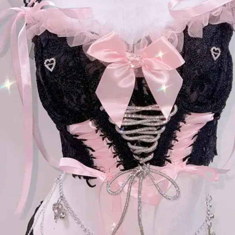 Black & Pink Gothic Coquette Lingerie Set | Lace-Up Corset Cami & Chain Charm Thong for Fall & Halloween