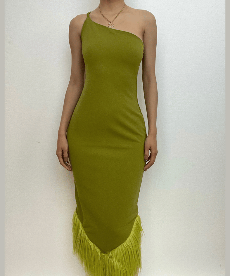Olive Green One-Shoulder Feather Trim Bodycon Midi Dress - Fall & Holiday Statement