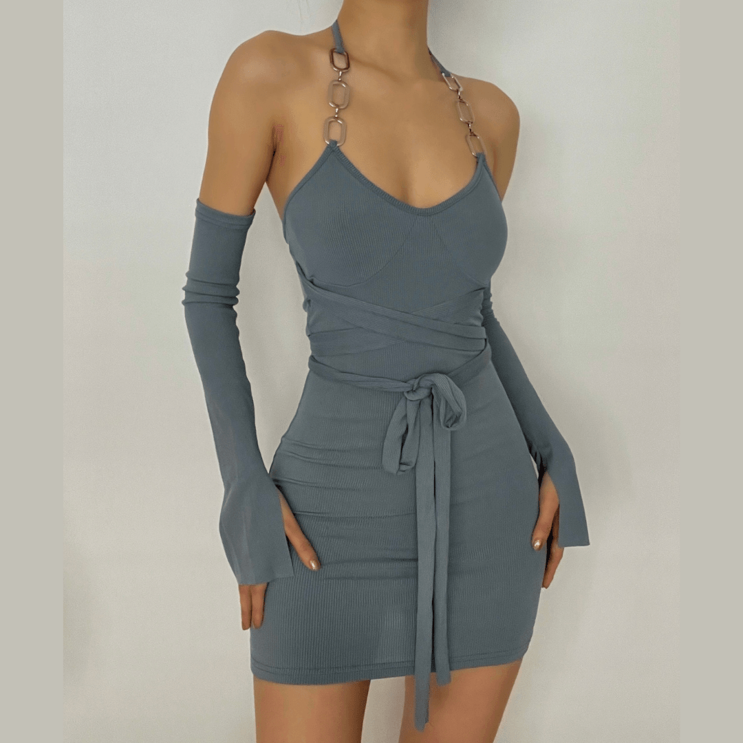 Elevate Your Fall Style: Ribbed Chain Halter Bodycon Mini Dress with Statement Sleeves