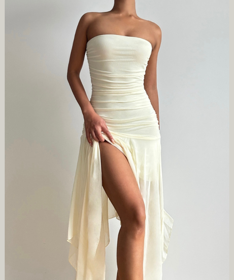Aphrodite Ruched Backless Maxi Dress | Strapless High Slit Gown for Holiday & Resort