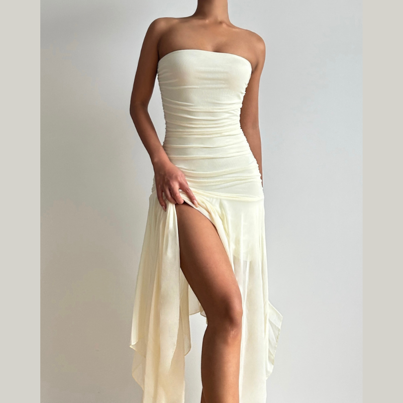 Aphrodite Ruched Backless Maxi Dress | Strapless High Slit Gown for Holiday & Resort