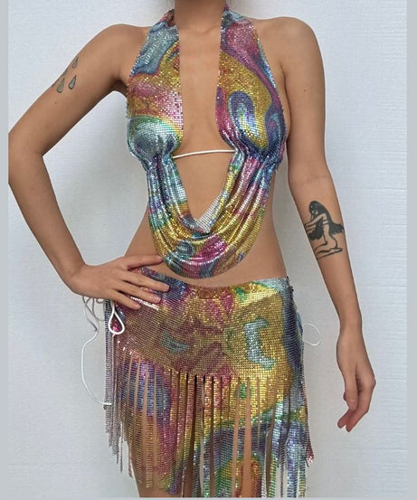 Sparkle & Slay: Iridescent Chainmail Halter Top & Fringe Mini Skirt Set - Your Ultimate NYE & Holiday Party Look
