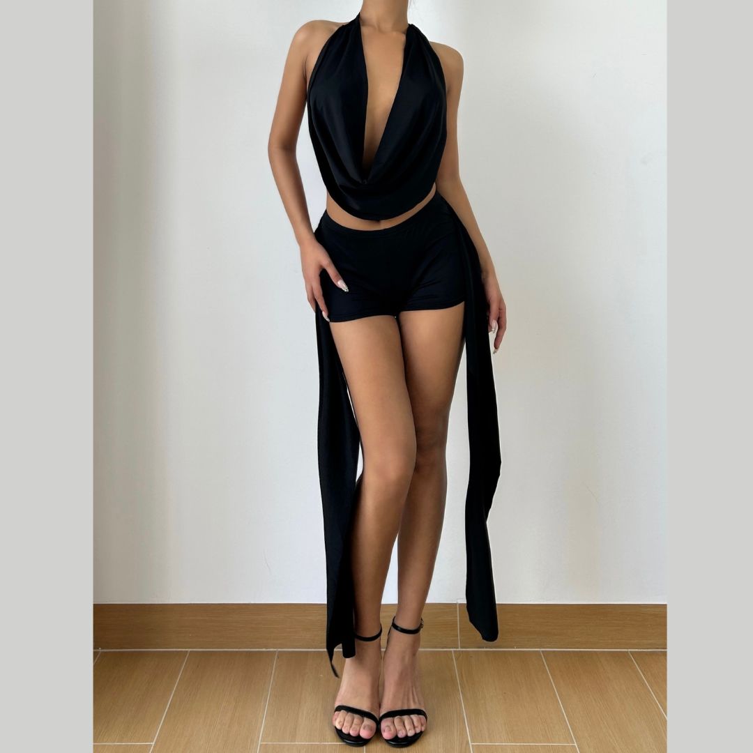 Midnight Glam Halter Cowl Neck Shorts Set - Daring Black Ensemble for Fall Parties