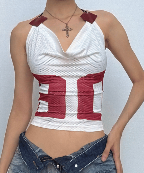 Varsity Vibe '06' Halter Crop Top - Y2K Mesh Cowl Neck for Game Day Style
