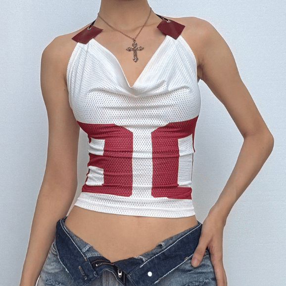 Varsity Vibe '06' Halter Crop Top - Y2K Mesh Cowl Neck for Game Day Style