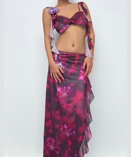 Fuchsia Dream Orchid Ruffle Two-Piece Set | Resort Chic Crop Top & Maxi Skirt