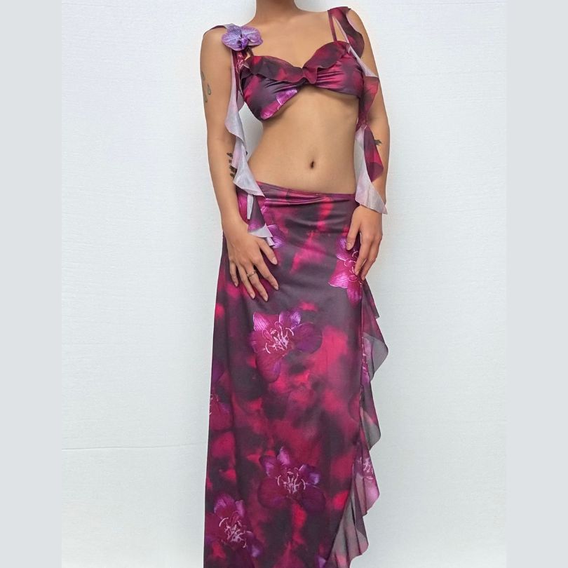 Fuchsia Dream Orchid Ruffle Two-Piece Set | Resort Chic Crop Top & Maxi Skirt