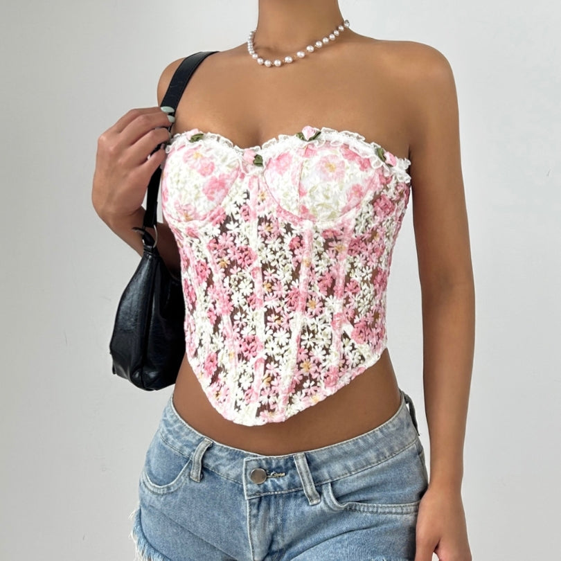 Sweetheart Floral Crochet Corset Top - Strapless Y2K Bustier for Fall Layering