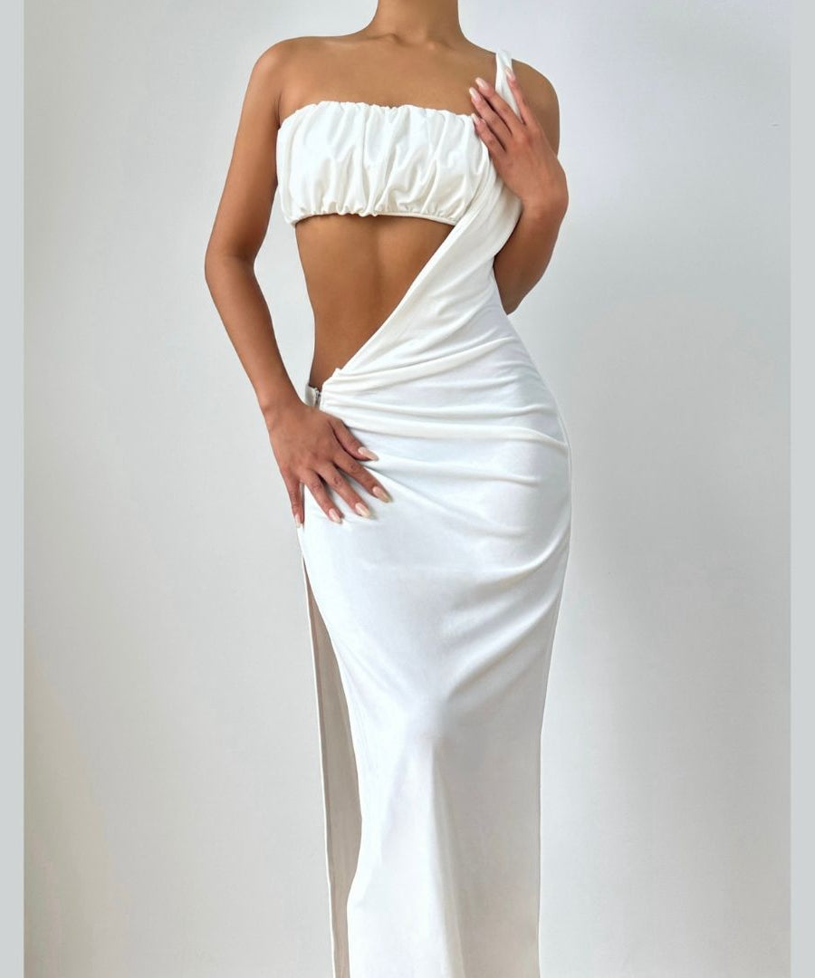 The 'Goddess Glam' One-Shoulder Cutout Maxi Dress – Dazzle This Holiday Season & Beyond
