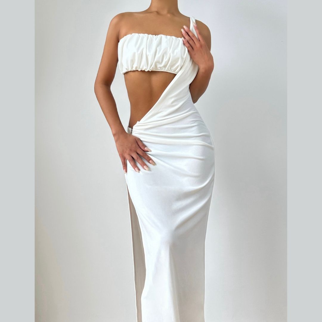 The 'Goddess Glam' One-Shoulder Cutout Maxi Dress – Dazzle This Holiday Season & Beyond