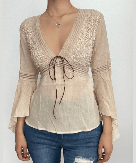 Autumn Bohemian Lace V-Neck Bell Sleeve Top | 100% Cotton Tie-Front Blouse