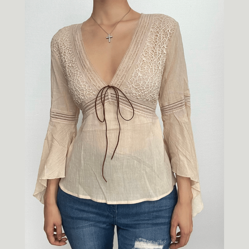 Autumn Bohemian Lace V-Neck Bell Sleeve Top | 100% Cotton Tie-Front Blouse