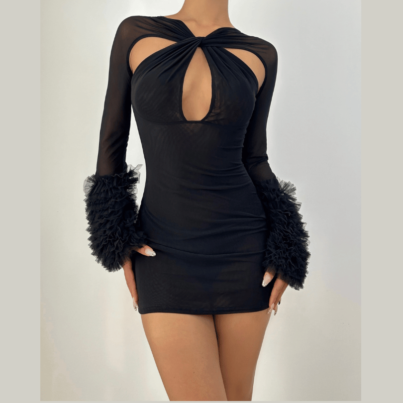 Seductive Black Mesh Cutout Mini Dress with Ruffle Sleeves | Fall & Halloween Party Ready