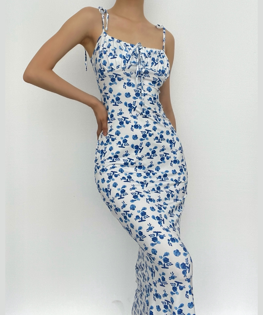 Chic Blue Floral Tie-Shoulder Maxi Dress - Elegant Mermaid Hem for Fall Events & Tropical Getaways